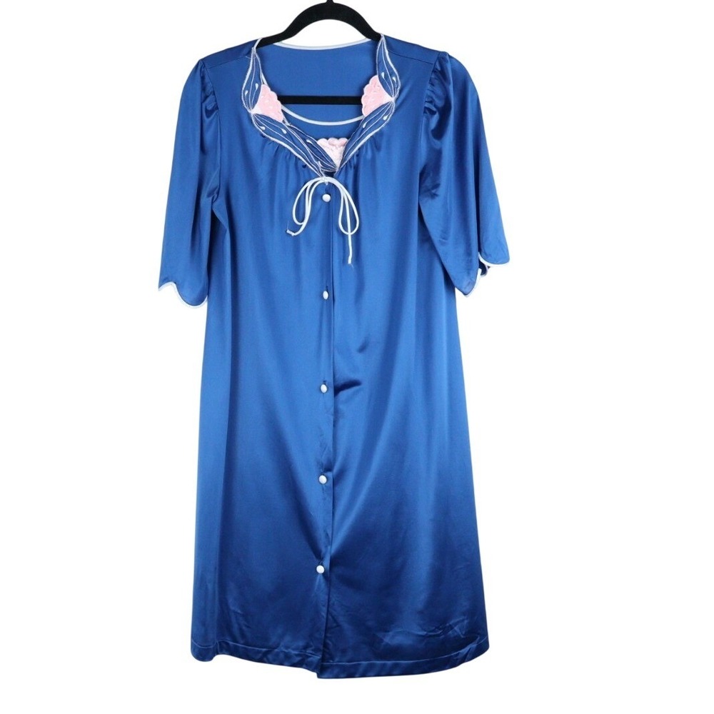 VTG Lorraine Blue Nylon Nightgown & Robe Set Embroidered‎ Lace Trim Sz Small